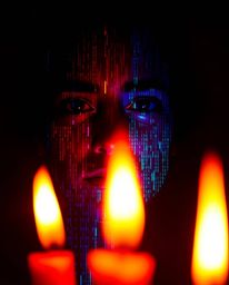 A captivating digital glitch portrays a human face dissolving into a mesmerizing data stream, bathed in the warm glow of cand
