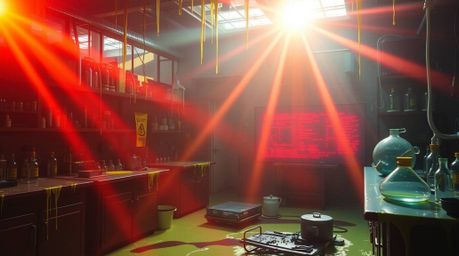 Immerse yourself in the captivating world of a slime-covered science lab, bathed in warm, inviting light and punctuated by vi
