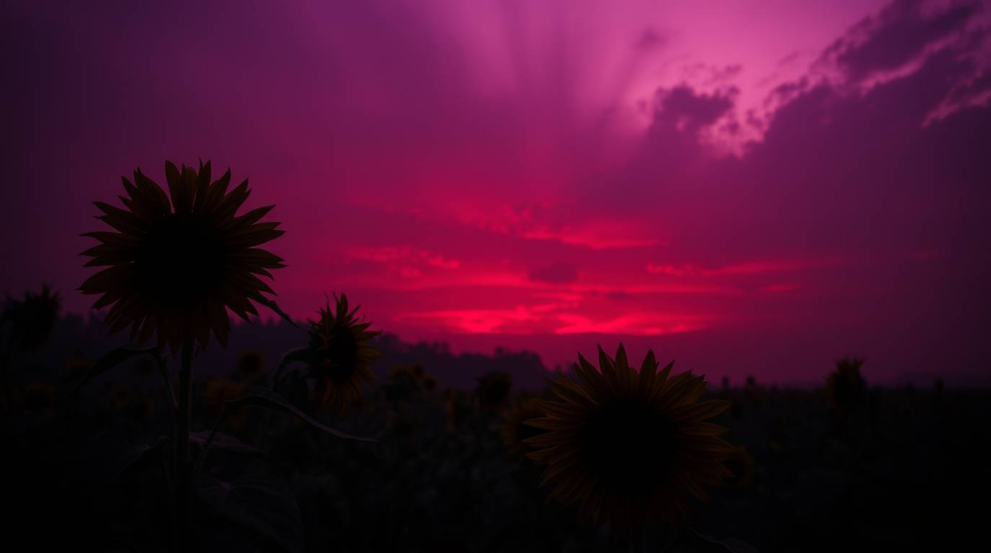 Experience an eerie, yet captivating scene of a sunflower field bathed in the gentle glow of soft light under a deep red and 