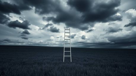 A minimalist scene depicting a silver ladder standing in an open field beneath a wide, cloudy sky, rendered in intense jet bl