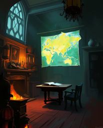 A dynamic digital sketch showcases a glowing map projected in the air within an old study.  Created with loose, painterly str