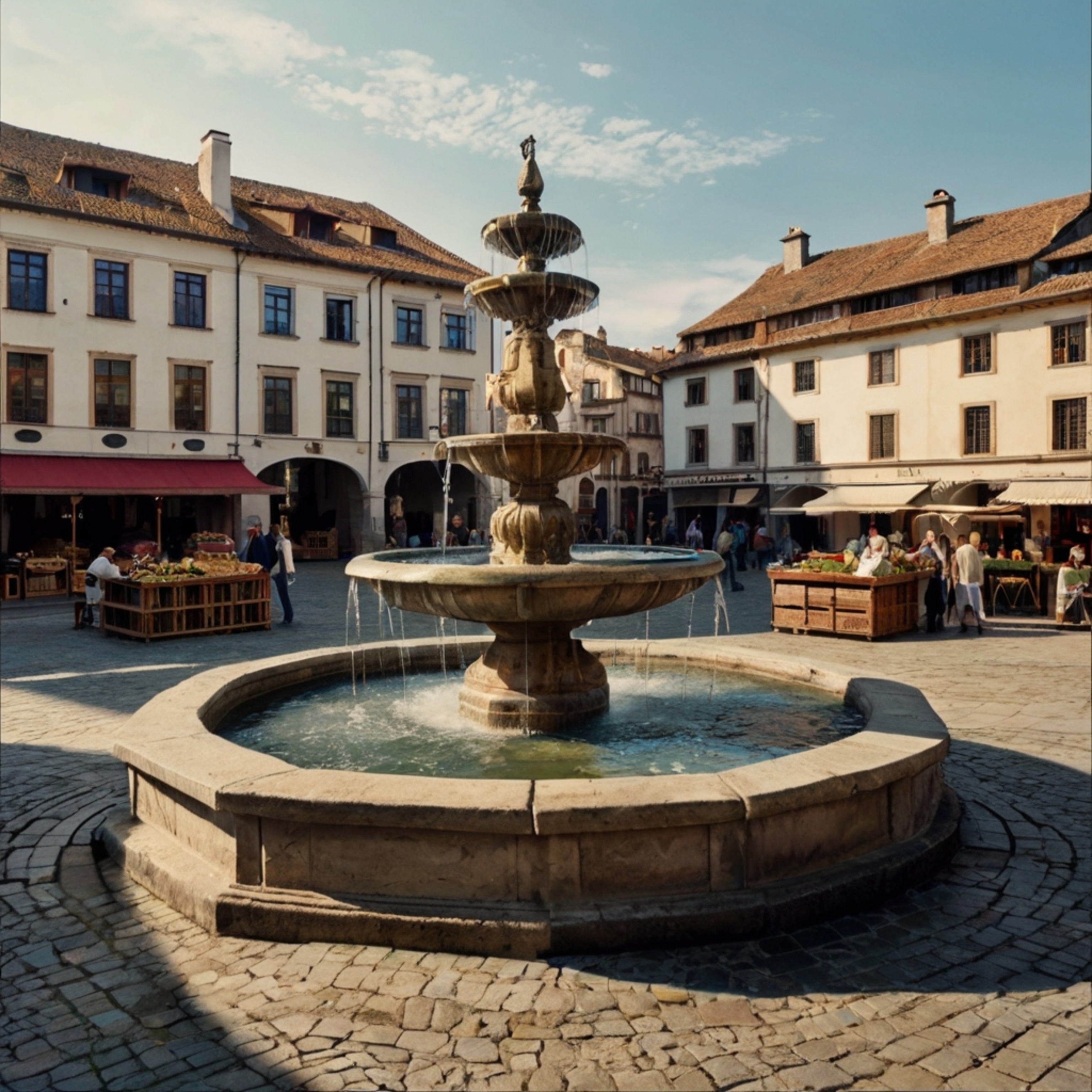 Discover a picturesque medieval town square, dominated by a grand fountain at its heart. Envision yourself surrounded by stur