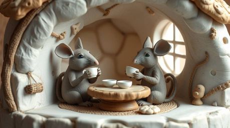 A captivating clay sculpture depicts anthropomorphic mice enjoying a tea party in a charming cottage.  The artwork showcases 