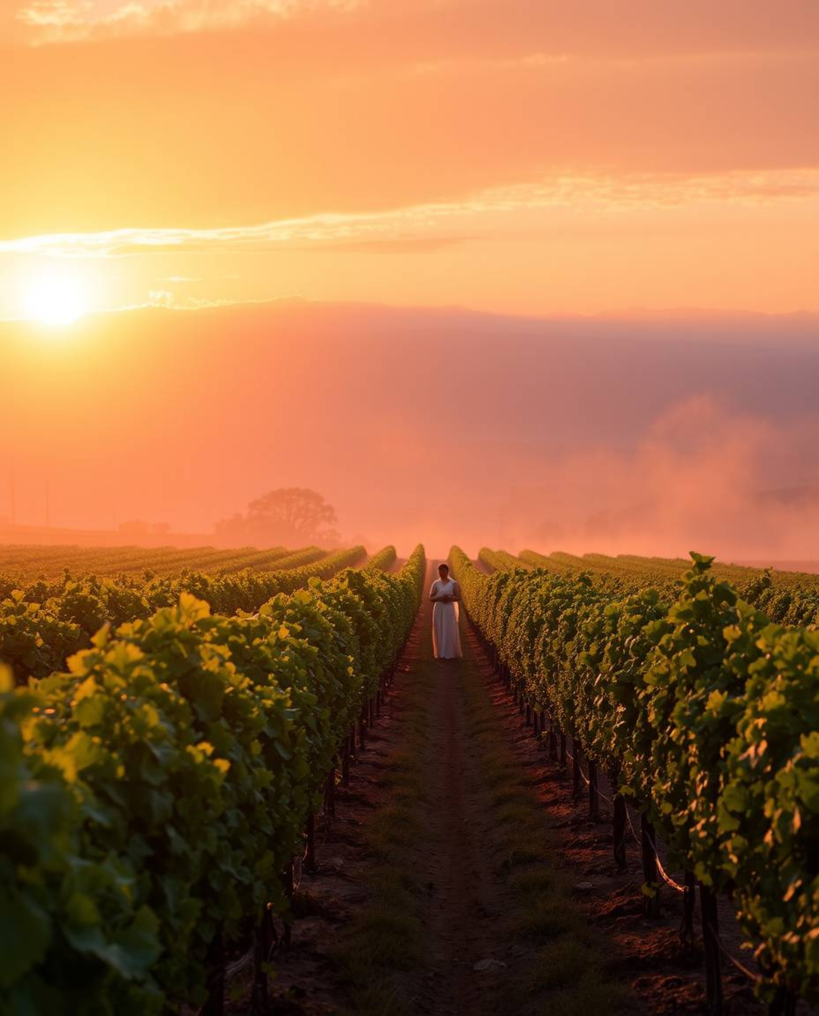 This artwork depicts a stunning sunset over a vineyard, masterfully rendered with volumetric lighting. The composition featur