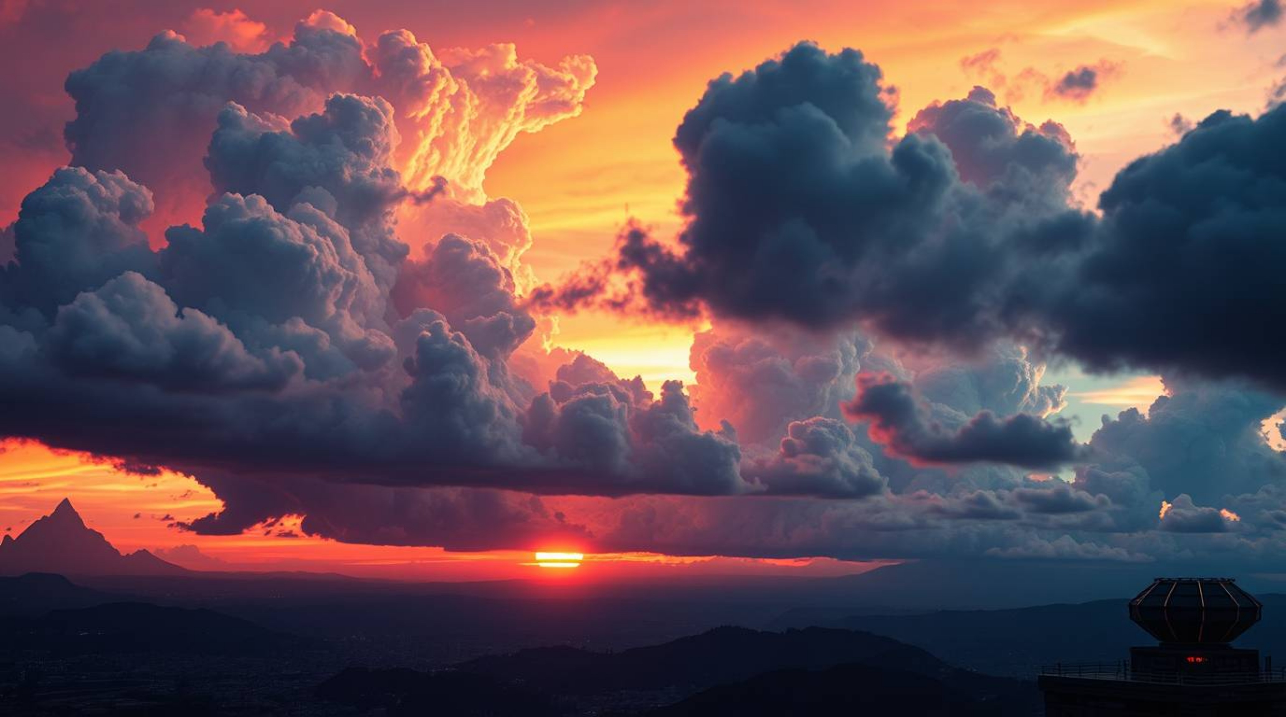 Experience a breathtaking visual of futuristic sci-fi cloudscapes.  Vibrant, luxurious thunderstorm clouds at sunset are depi