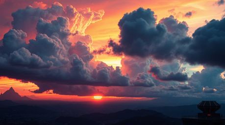 Experience a breathtaking visual of futuristic sci-fi cloudscapes.  Vibrant, luxurious thunderstorm clouds at sunset are depi