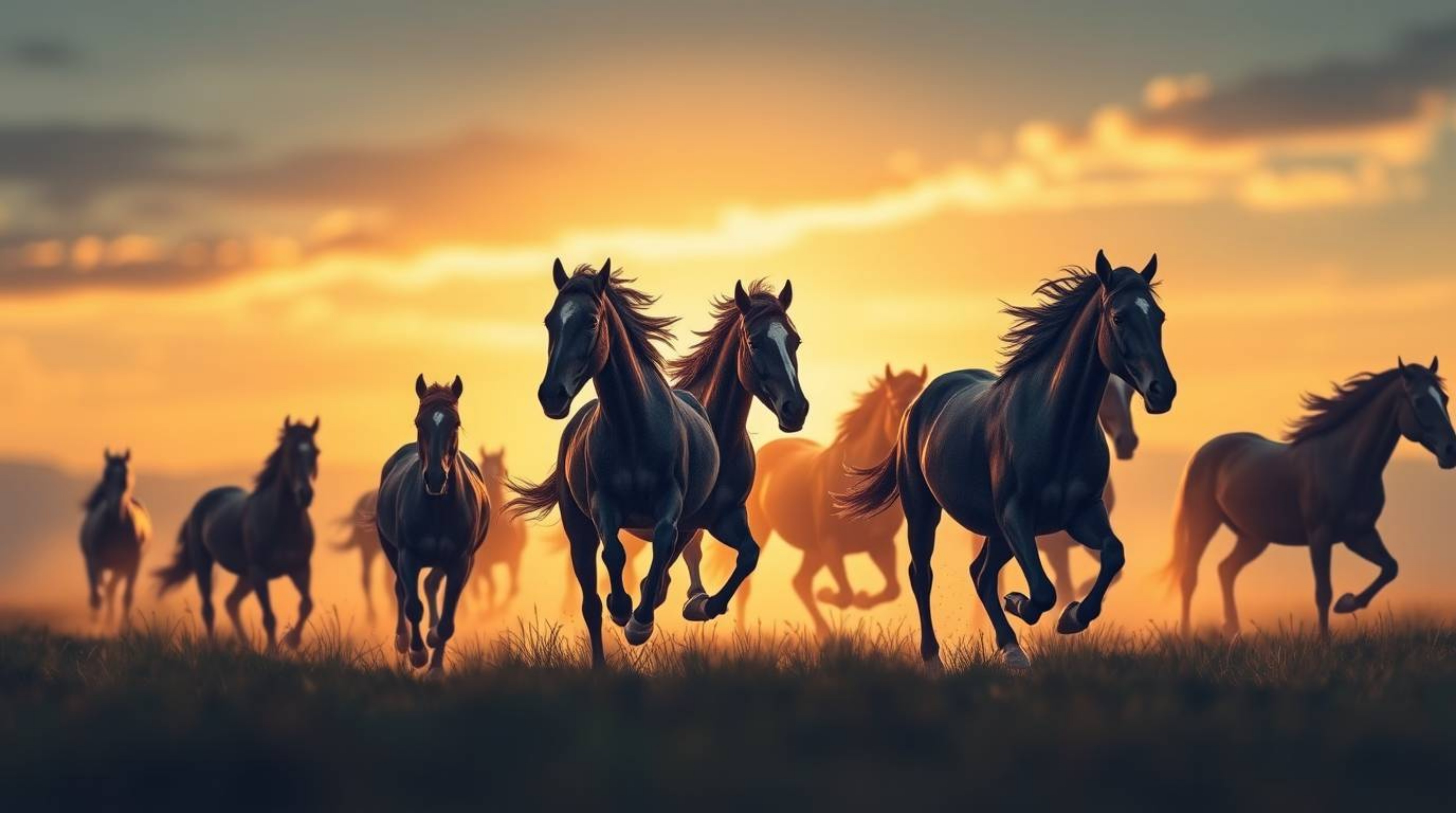 A captivating hand-drawn sketchnote depicts a herd of wild horses running freely under a vibrant, glowing sky. The image fea