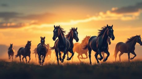 A captivating hand-drawn sketchnote depicts a herd of wild horses running freely under a vibrant, glowing sky.  The image fea