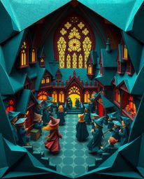 Discover a captivating origami illustration of a magical school brimming with young wizards.  Rendered in rich teal tones wit
