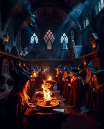 A captivating photograph showcasing a magical school teeming with young wizards, enhanced by intense dramatic lighting and hi