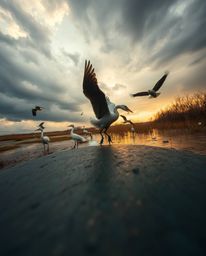 A low-angle perspective of a cast bronze surface depicting herons in flight during the golden hour in the wetlands. This piec