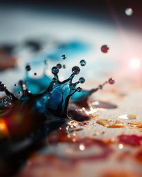 A stunning classic oil painting captures the dynamic energy of ink splashing in water.  The macro photography style showcases