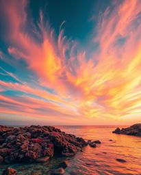 An image of a colorful sky over a coral reef at low tide, rendered in stunning electric vivid colors. This piece captures a v