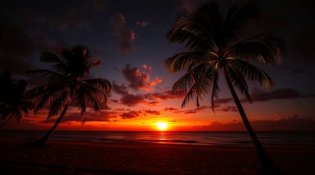Experience the magic of a tropical beach sunset where palm trees sway rhythmically in a mesmerizing bioluminescent glow.  The