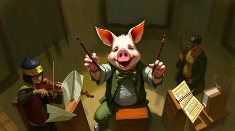 A dynamic digital sketch showcases a pig character dramatically conducting an orchestra, viewed from above.  The loose, paint