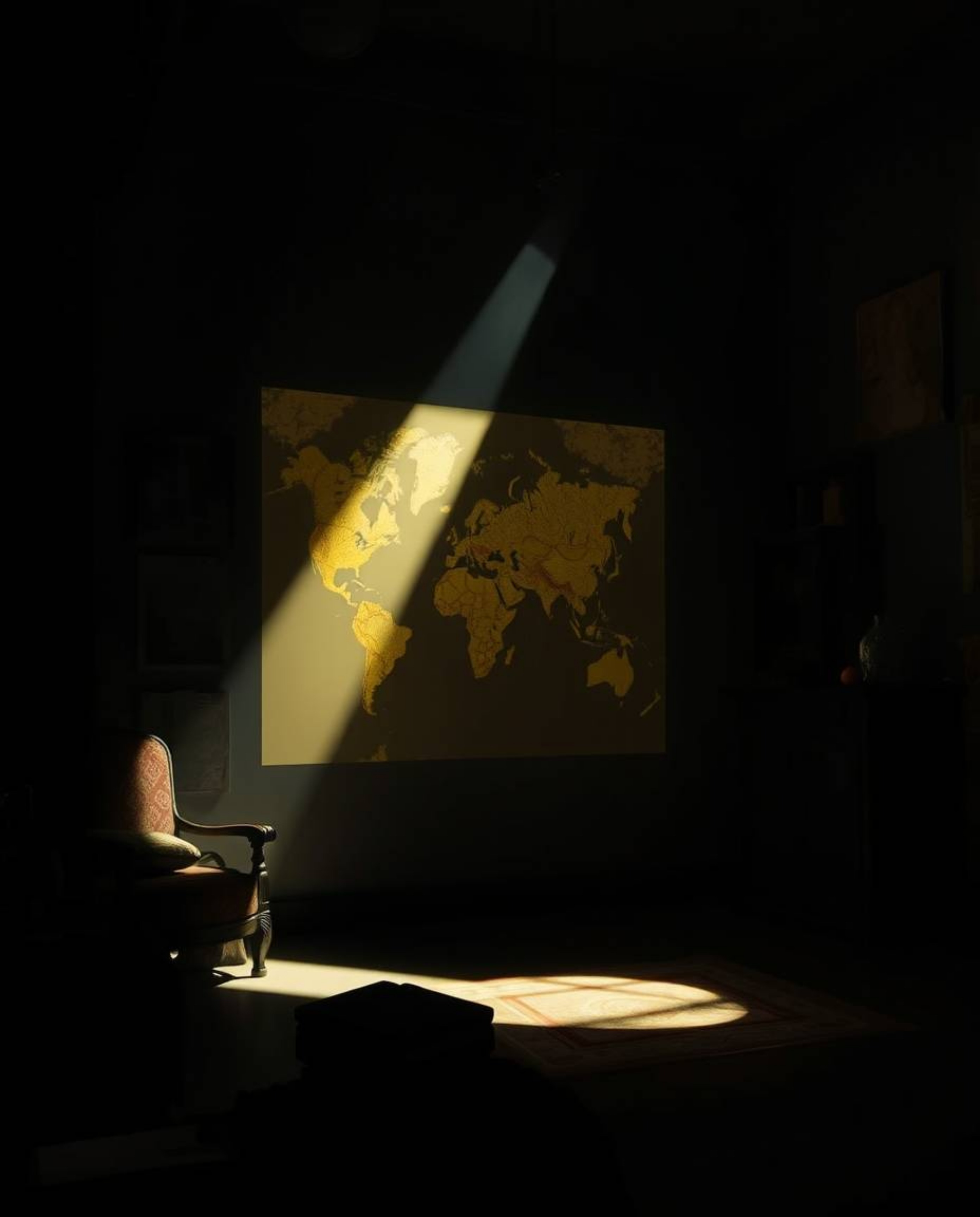 Experience the captivating ambiance of chiaroscuro lighting, where strong contrasts and deep shadows accentuate a glowing map