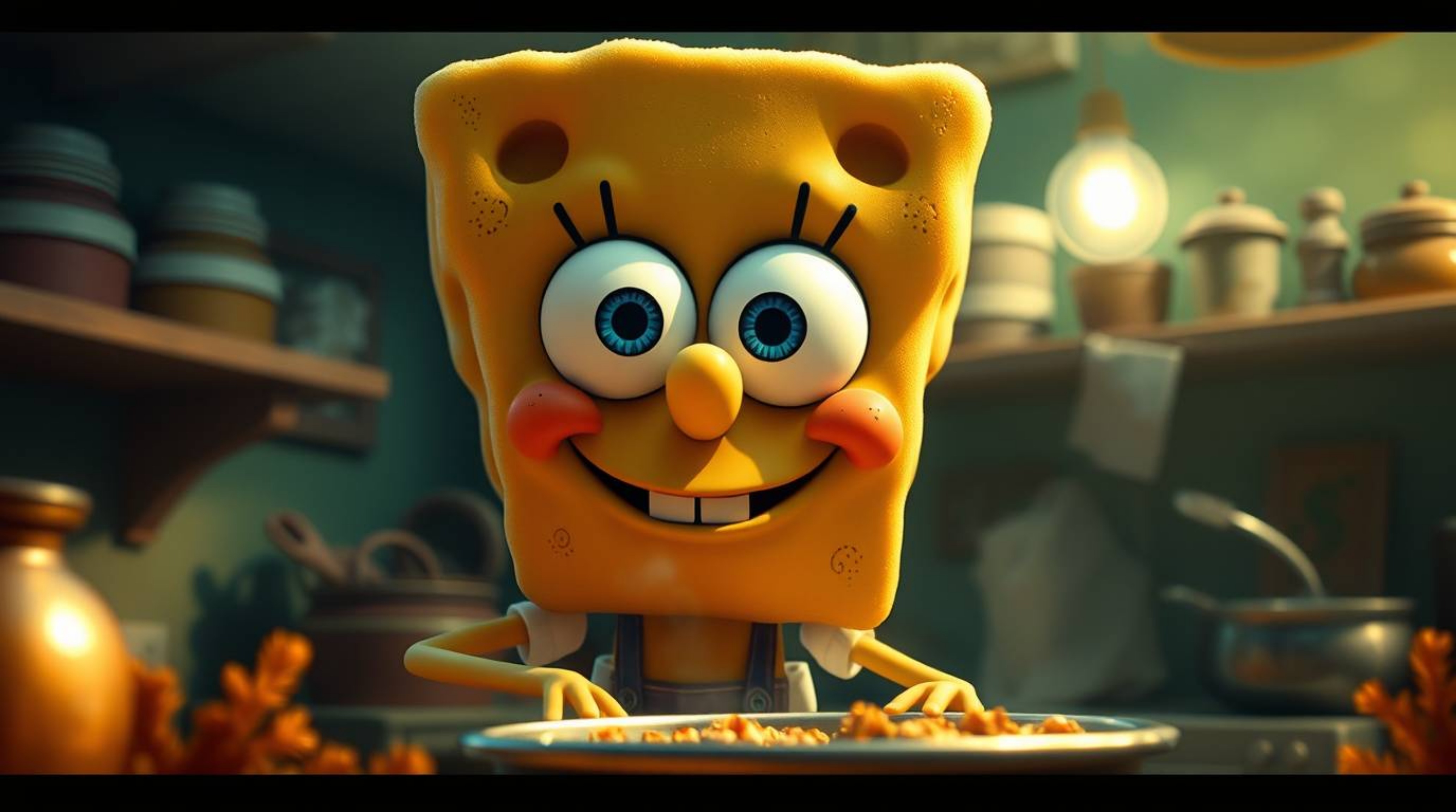 A heartwarming depiction of a friendly sponge character with wide, cheerful eyes, cooking in a cozy underwater kitchen.  The 