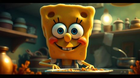 A heartwarming depiction of a friendly sponge character with wide, cheerful eyes, cooking in a cozy underwater kitchen.  The 