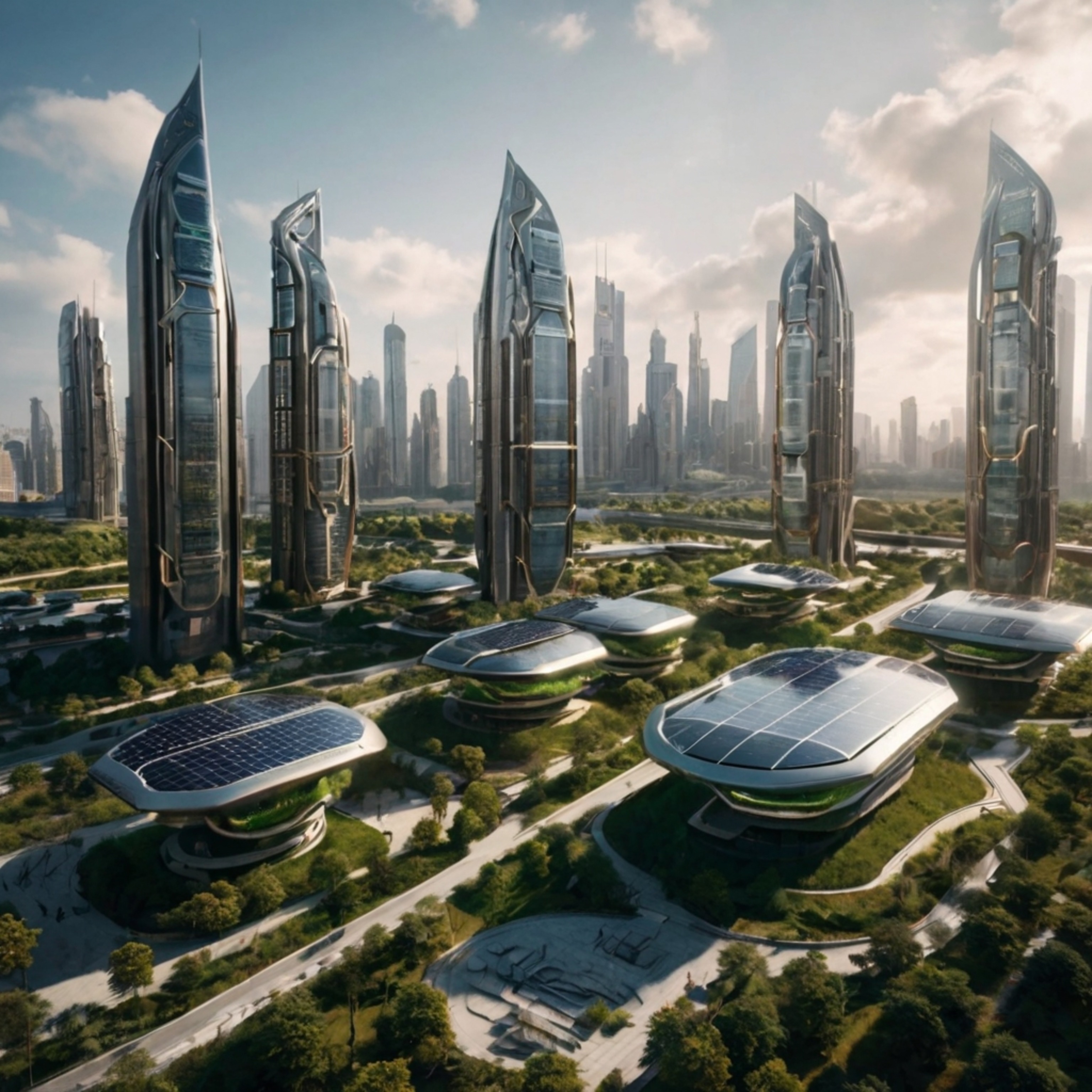 Imagine a city of the future where sleek, solar-powered skyscrapers pierce the clouds, seamlessly blending technology with na