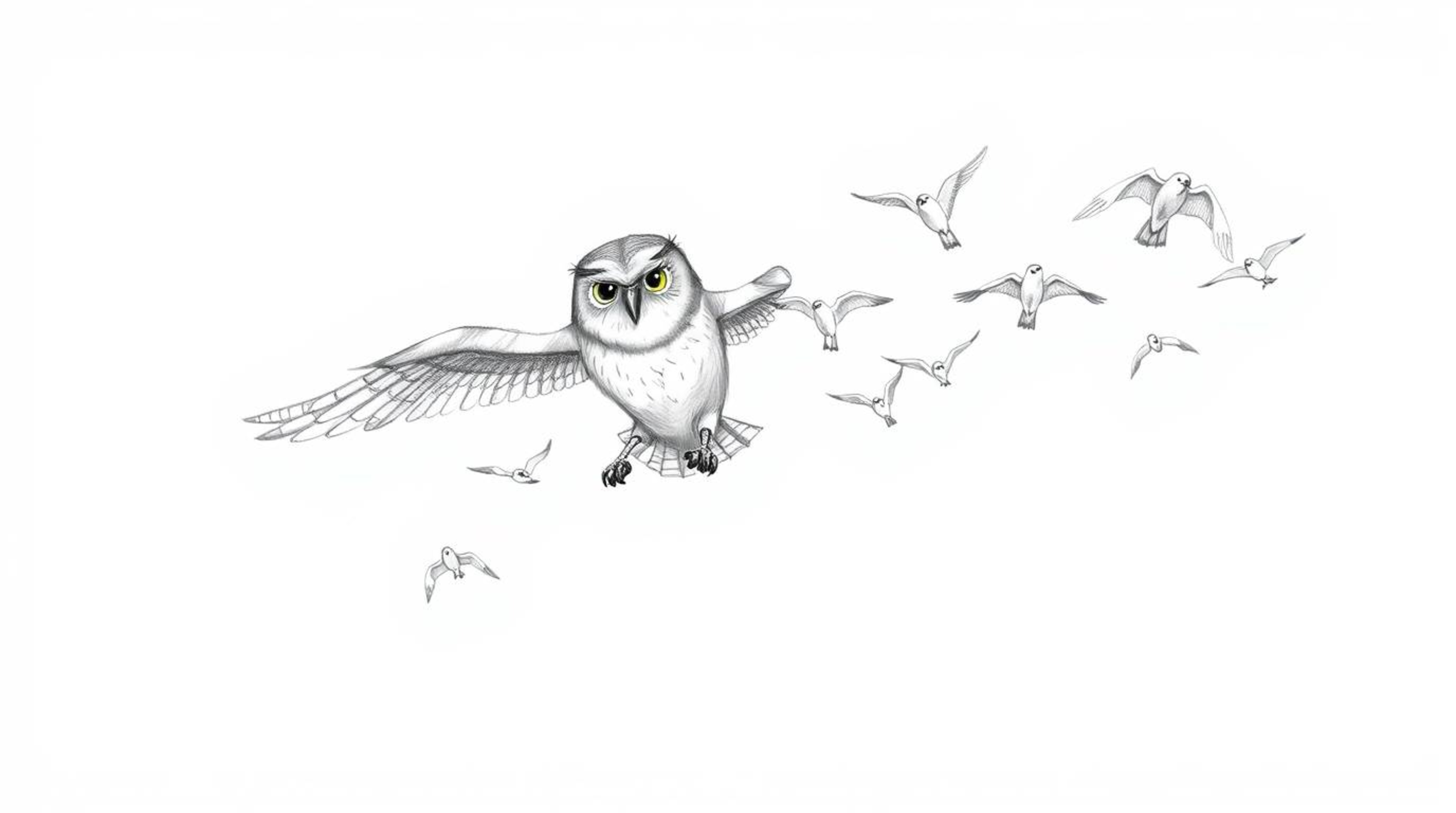 A captivating hand-drawn pencil sketch in the style of Pixar depicts a blind owl with textured feathers gracefully guiding a 