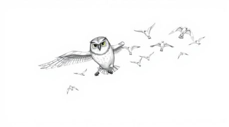 A captivating hand-drawn pencil sketch in the style of Pixar depicts a blind owl with textured feathers gracefully guiding a 