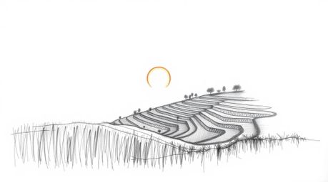 A captivating hand-drawn sketch depicting a vibrant sunset over serene rice terraces.  The image features sharp focus on the 