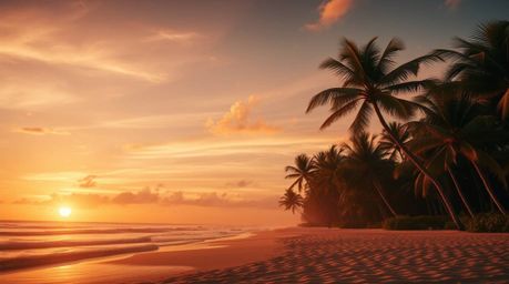 Experience the tranquil beauty of a tropical beach sunset captured in a creative light art depiction. Palm trees gently sway 