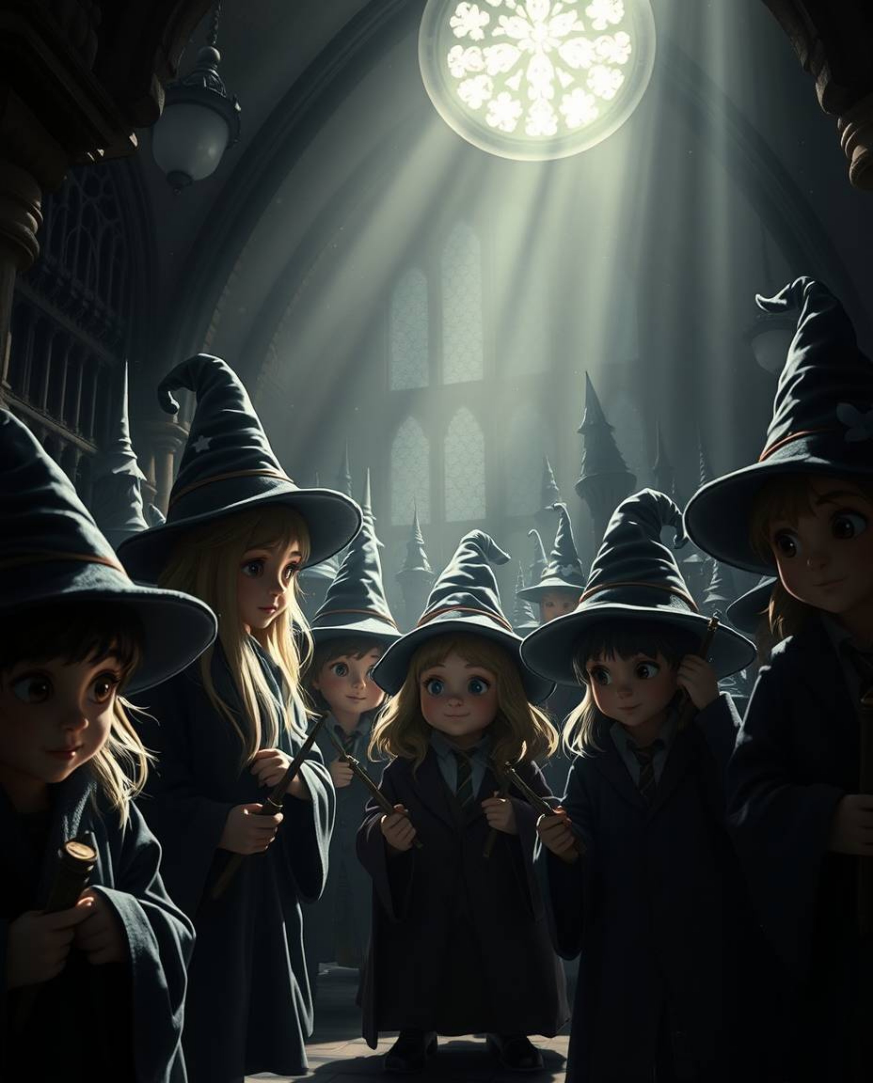 Explore a magical school bathed in chiaroscuro lighting, filled with adorable and charming young wizards. Experience strong