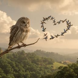 A stunning Pixar-style photograph depicts a blind owl, with exquisite high fashion plumage, precariously balanced on a twig h