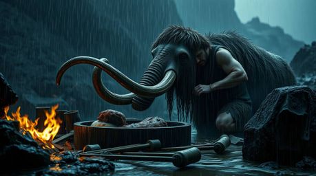 This artwork captures a moody scene of a caveman cooking mammoth meat in a wet, rainy environment. The style emphasizes refle
