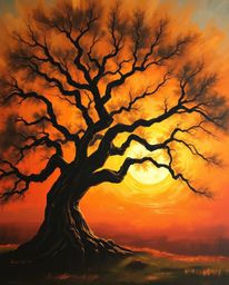 A classic oil painting of a sunset behind a twisted oak tree, where intense dramatic lighting creates high contrast and rich 