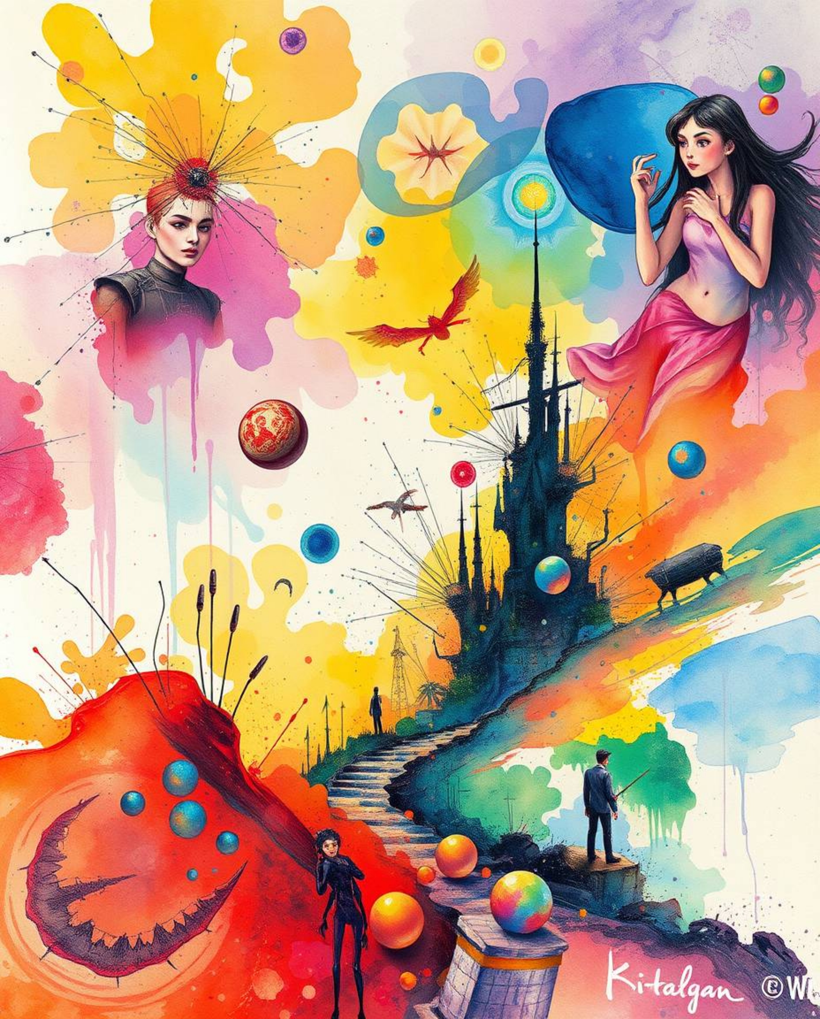Explore a dreamlike surreal watercolor painting featuring iridescent colors and vibrant splashes that create a chaotic yet ha