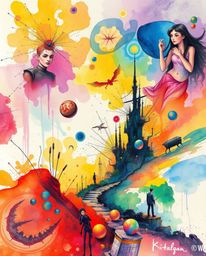 Explore a dreamlike surreal watercolor painting featuring iridescent colors and vibrant splashes that create a chaotic yet ha