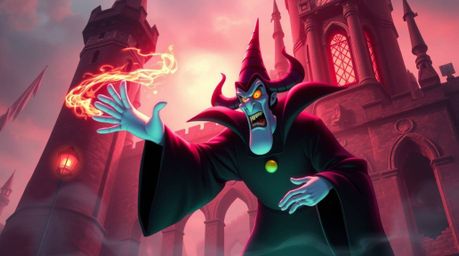 A captivating digital painting depicts a classic Disney villain casting a spell within an ancient castle. The artwork utiliz