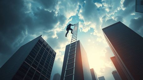 Witness an epic scene where modern future aesthetics collide with heroic ambition. A businessperson bravely ascends a transpa