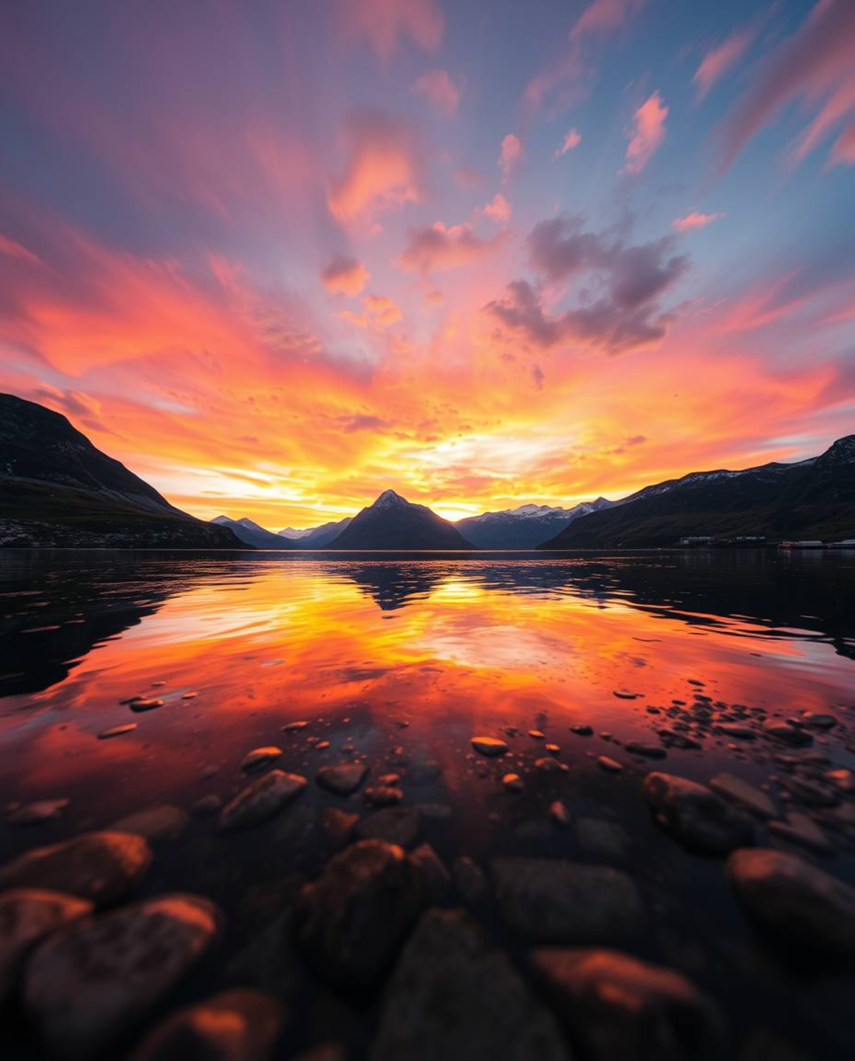 A vibrant, high-resolution stock photo of a glassy fjord reflecting a sunset, taken from a low angle perspective. This image 