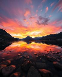 A vibrant, high-resolution stock photo of a glassy fjord reflecting a sunset, taken from a low angle perspective. This image 