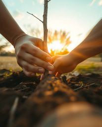 This image captures an extreme macro close-up of hands delicately planting a tree beneath a breathtaking golden sky. The long