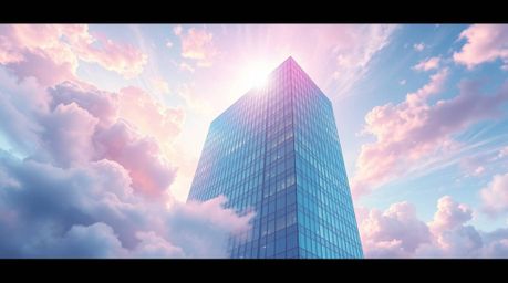 This vibrant digital painting evokes a mystical and energetic feel, blending a modern glass building that dissolves into a sk