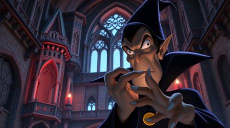 A captivating image showcasing precise architectural color photography of a classic Disney villain casting a spell within a m