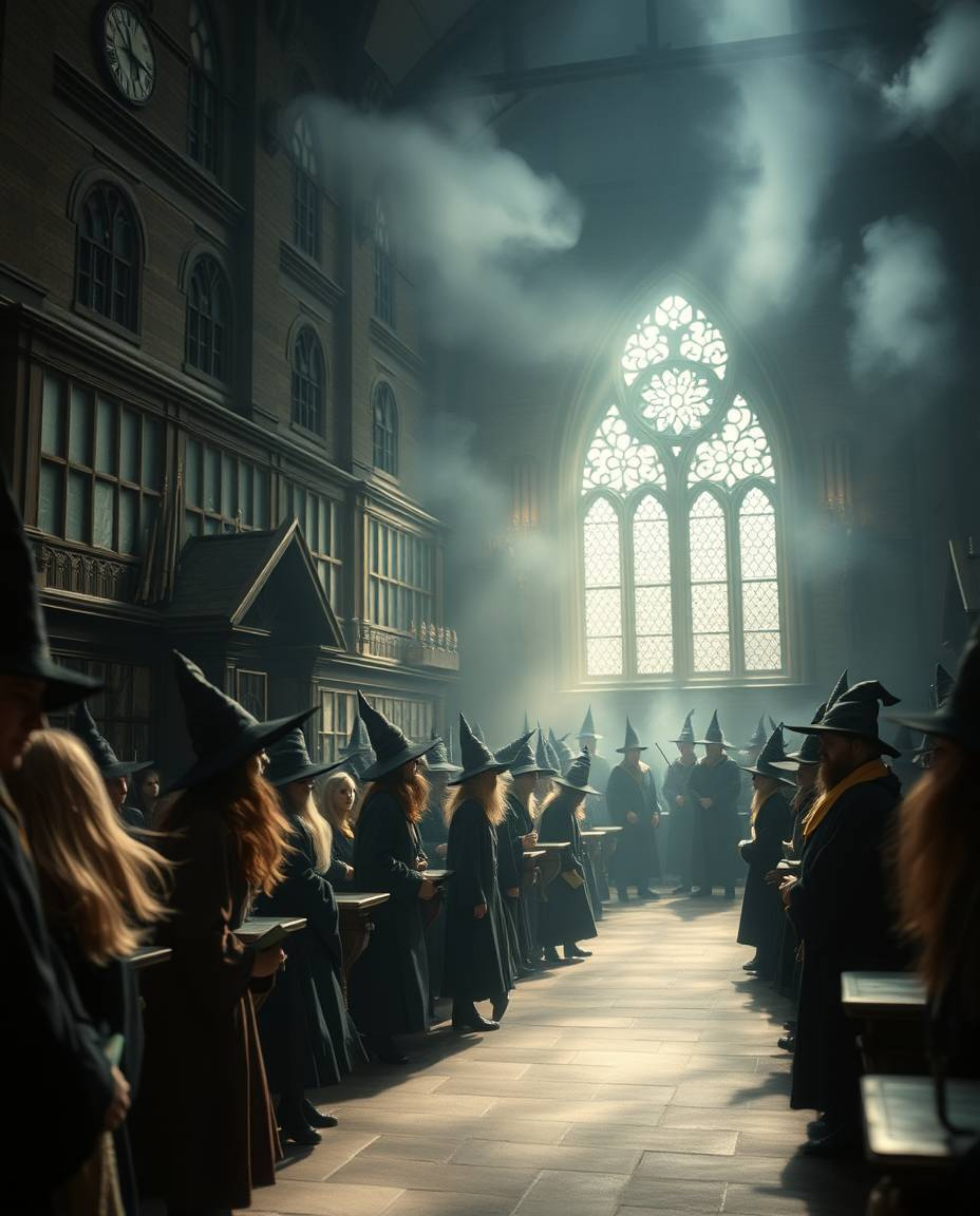 Explore a magical school brimming with young wizards, presented in a soft, cinematic haze. The scene features bold areas alon
