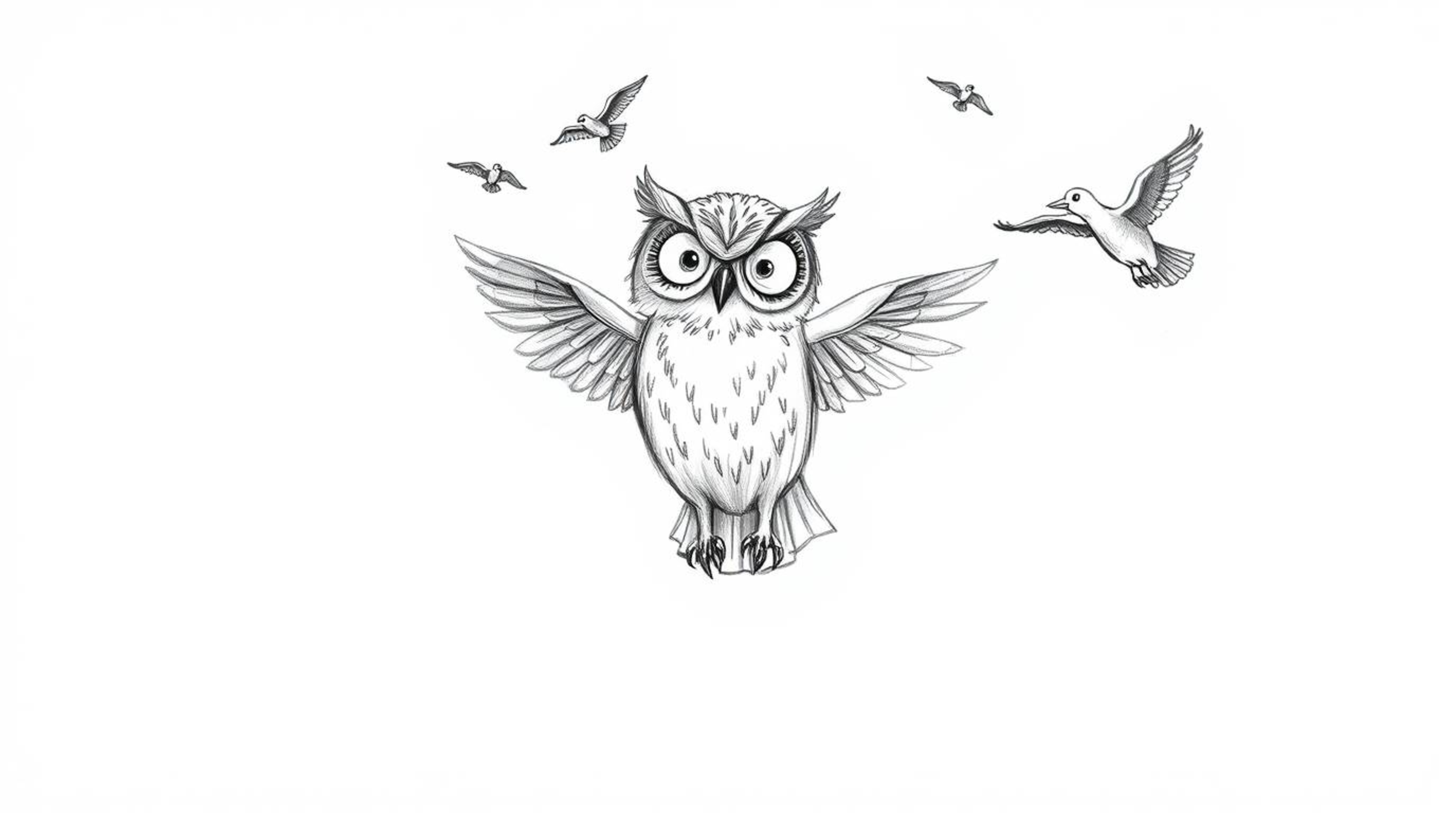 This charming hand-drawn sketch in Pixar style depicts a wise, blind owl passionately teaching birds how to fly. Bathed in a 