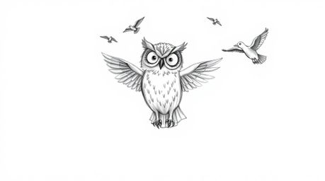 This charming hand-drawn sketch in Pixar style depicts a wise, blind owl passionately teaching birds how to fly. Bathed in a 