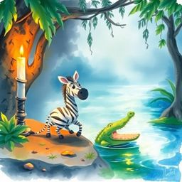A charming watercolor painting portrays a whimsical 3D cartoon zebra in a thrilling escape from a crocodile near a lush jungl