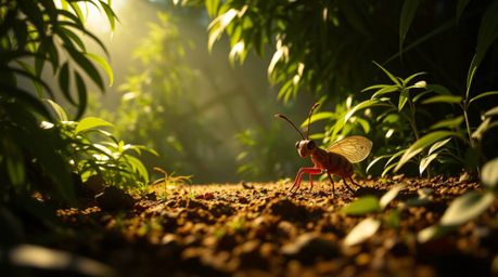 Explore a vibrant backyard jungle through the eyes of a bug-sized hero. Bathed in strong, hard light, the scene is punctuated