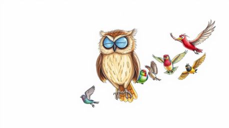 A heartwarming hand-drawn sketch in the style of Pixar depicts a gentle, blind brown owl leading a diverse classroom of vibra