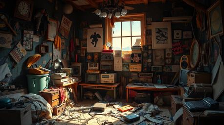 Step into a dreamlike, surreal bedroom scene featuring a messy room filled with strange gadgets and posters.  Strong, hard li