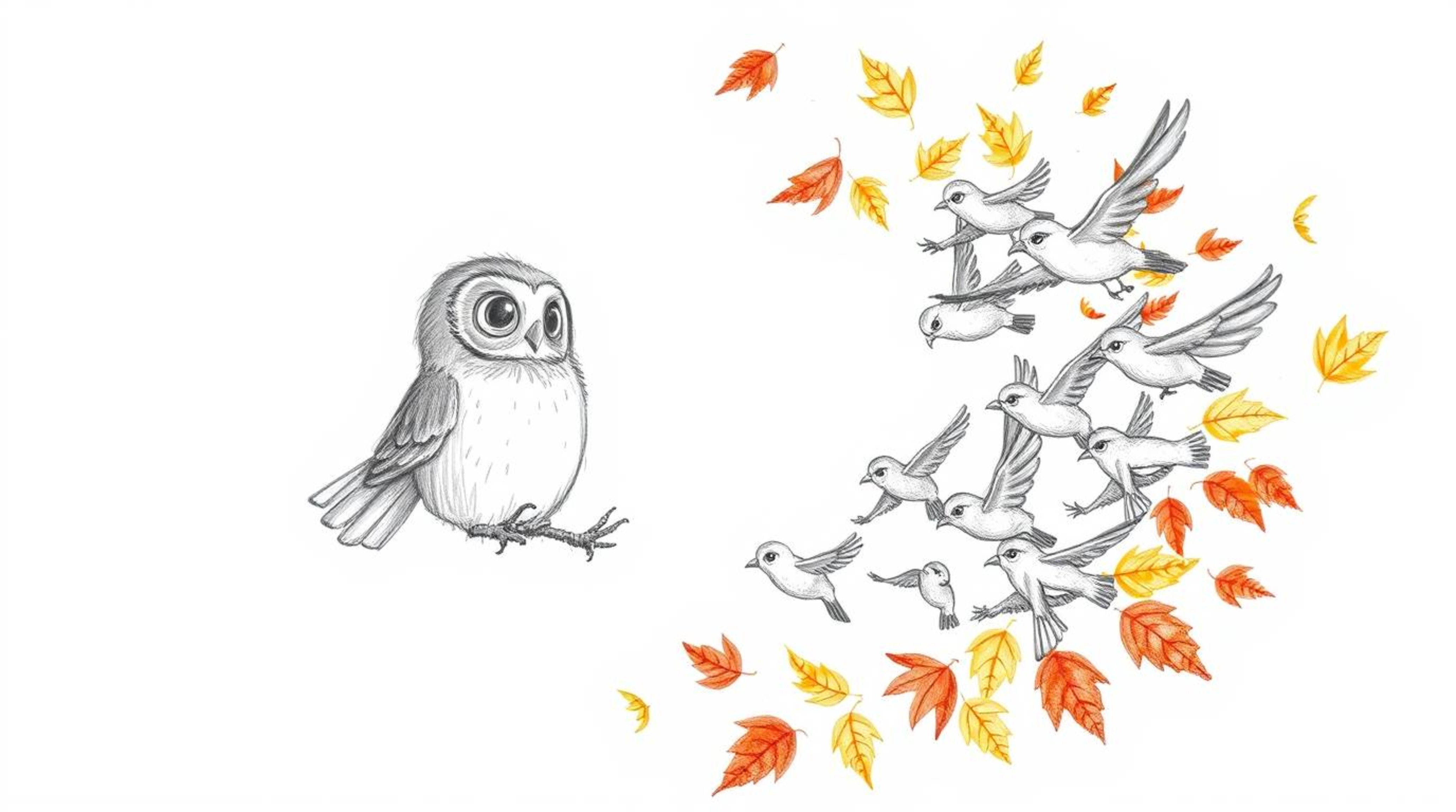 A heartwarming hand-drawn sketch in the style of Pixar depicts a blind owl with softly rendered feathers imparting the gift o