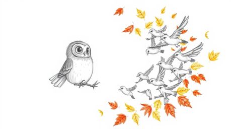 A heartwarming hand-drawn sketch in the style of Pixar depicts a blind owl with softly rendered feathers imparting the gift o