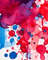A captivating close-up showcases rich burgundy and deep blue watercolor splashes on paper.  The image boasts vivid tones, a c